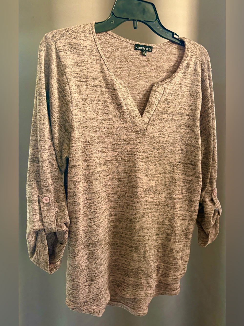 Chances R Heathered Mauve Space Dye Split Neck Roll Tab Sleeve Top Sweater M